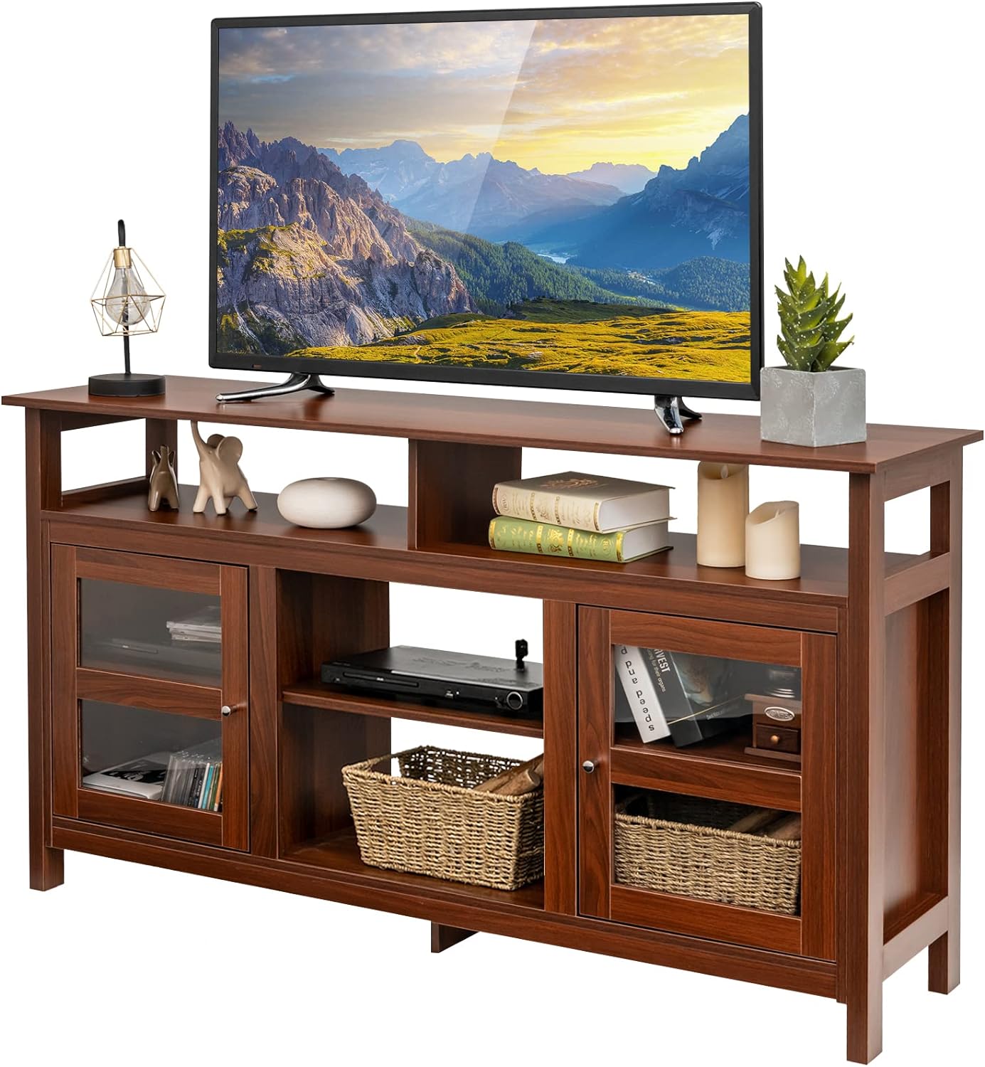 TV Stand for TVs up to 65", Wooden Television Media Entertainment Center with 4 Open Shelves & 2 Side Cabinet