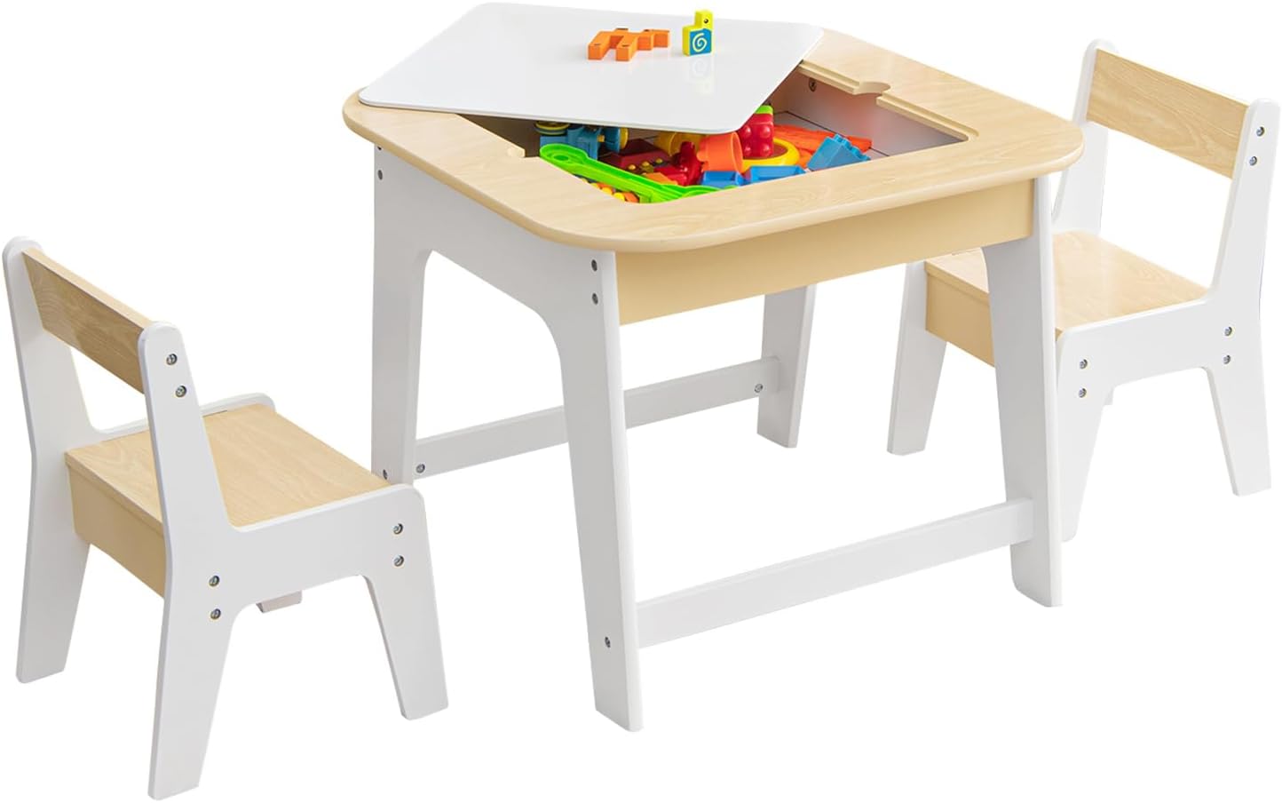 Kids Table and Chairs Set, Wooden Toddler Activity Table Set with Double-Sided Tabletop and Hidden Storage