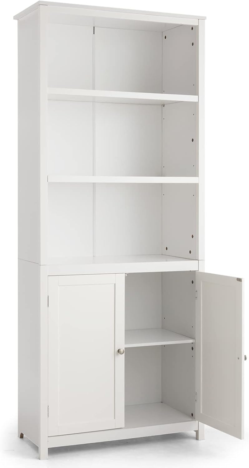 Wooden Storage Cabinet, Floor Standing Cupboard Tall Sideboard with 3-Tier Open Shelves and 2 Doors