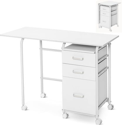 Folding Computer Desk, 2-In-1 Mobile PC Laptop Table with Rolling Wheels and 3 Drawers, 105x50x75cm