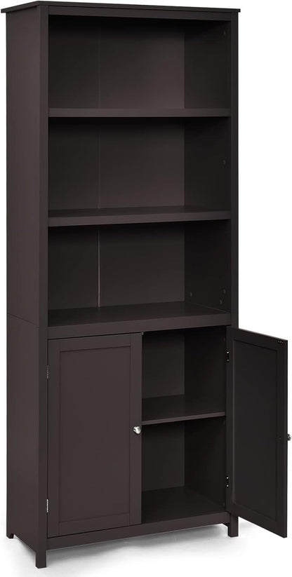 Wooden Storage Cabinet, Floor Standing Cupboard Tall Sideboard with 3-Tier Open Shelves and 2 Doors