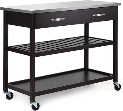 GiantexUK Kitchen Storage Trolley on Wheels, Mobile Kitchen Island with Stainless Steel Flip Top, Drawers & Handle, 116x53x93cm, No Flip Top