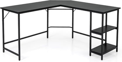 L-shaped Computer Desk, Steel Frame Office Desk Corner Writing Desk with Storage Shelves