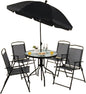 GiantexUK 6 Piece Garden Dining Set, Metal Frame Patio Bistro Set with Tempered Glass Table, 4 Folding Chairs & Parasol Umbrella