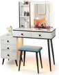 Dressing Table and Stool Set with 3-Color LED Lights Mirror, Drawers, Shelves & Charging Station, Rectangular Mirror