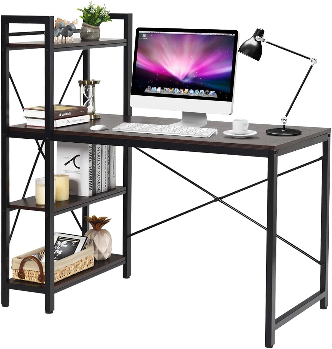 Computer Desk, Steel Frame Wooden Writing Workstation PC Laptop Table with 4-Tier DIY Storage Shelves