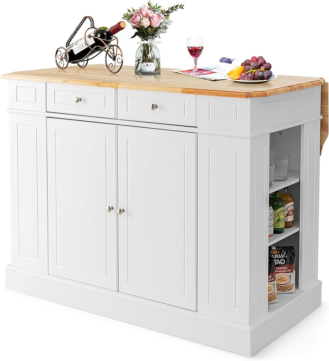 GiantexUK Kitchen Island, Extendable Kitchen Cabinet Sideboard with Rubber Wood Countertop, 2-Door Cabinet, Drawers