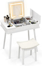 Dressing Table and Stool Set with Flip Top LED Lighted Mirror, USB Charging Station and 7 Hidden Compartments