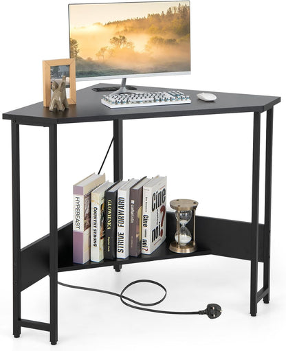 Corner Computer Desk, Triangular Writing Desk with Power Outlet & Metal Frame, Without Keyboard Tray