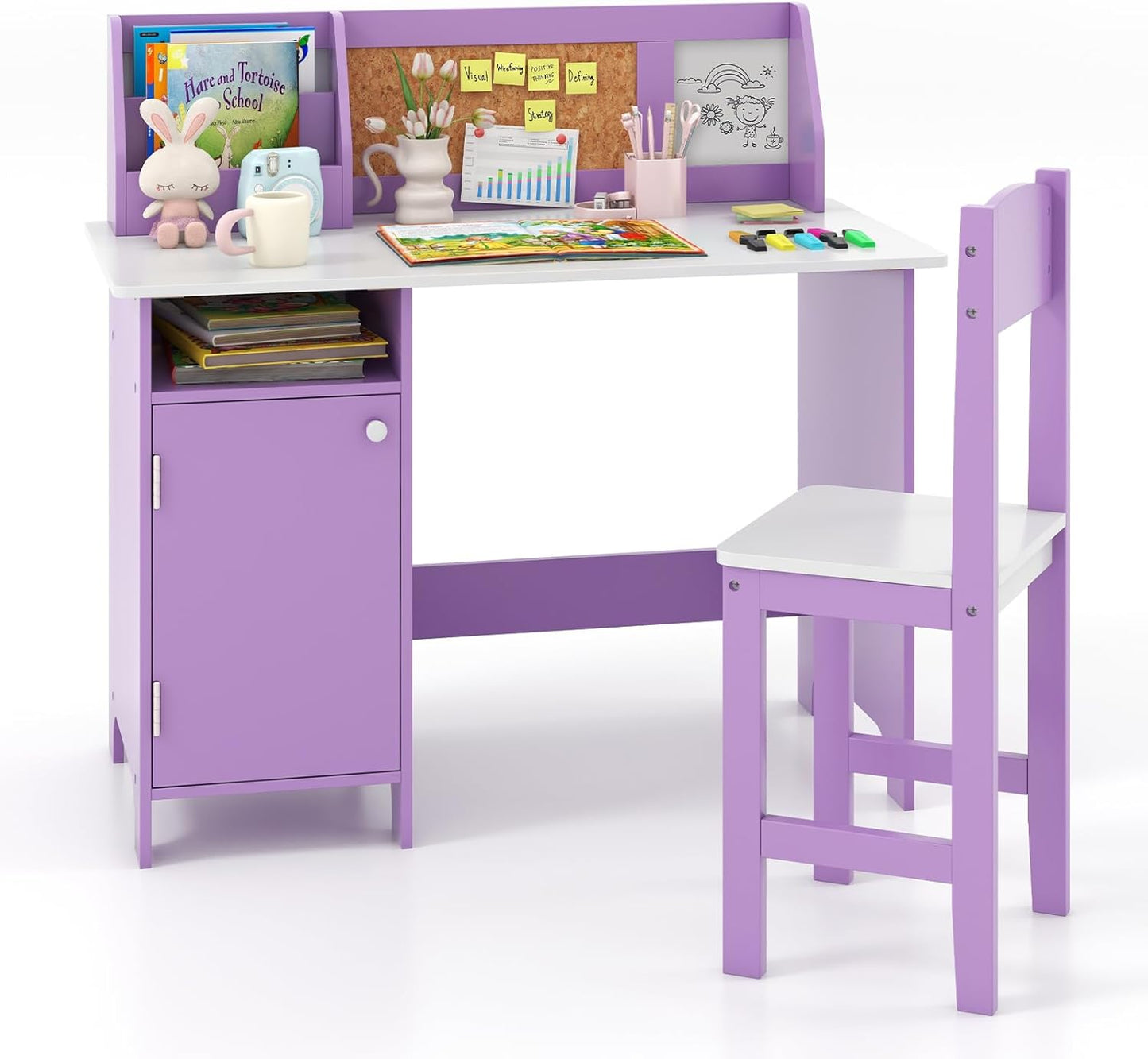 Kids Desk and Chair Set, Wooden Children Study Table with Storage Cabinet, Cork Board