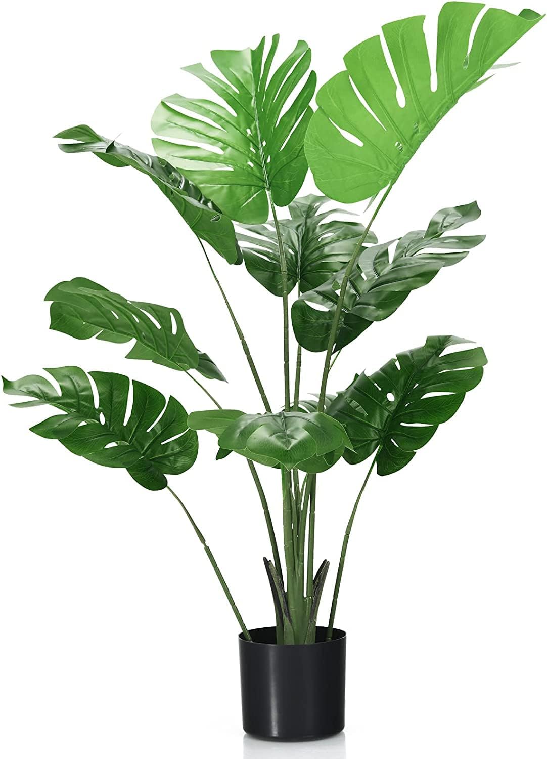 GiantexUK 1/2PCS Artificial Monstera Plants, Fake Decorative Trees with Cement Pot and 10 PEVA Leaves