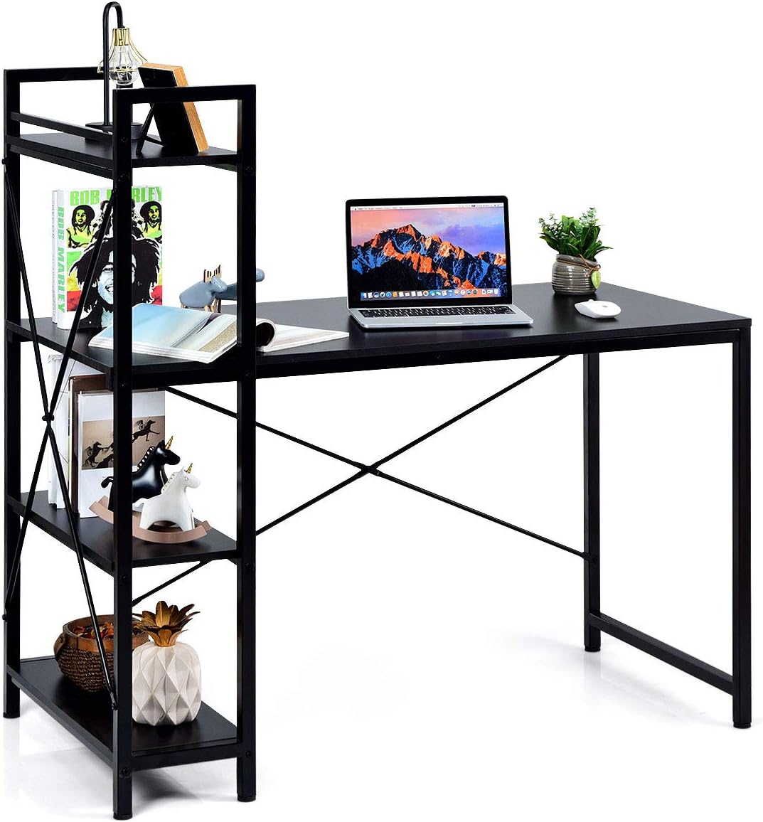 Computer Desk, Steel Frame Wooden Writing Workstation PC Laptop Table with 4-Tier DIY Storage Shelves