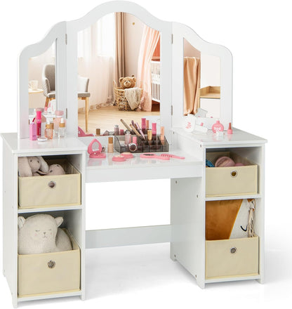 Kids Dressing Table with Tri-Folding Detachable Mirror, 4 Storage Bins, Girls Makeup Vanity Tables for Playroom Bedroom