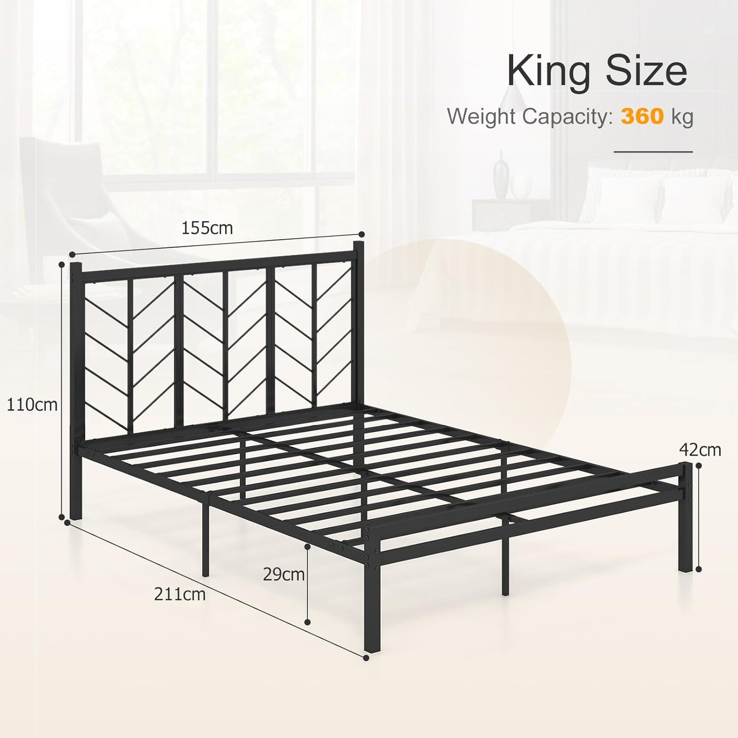 4FT6/5FT Platform Bed Frame, Double/King Size Metal Slat Support Mattress Foundation