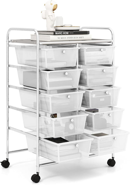 GiantexUK 10 Drawers Storage Cart, Mobile Rolling Storage Trolley with 4 Lockable Wheels & Handles