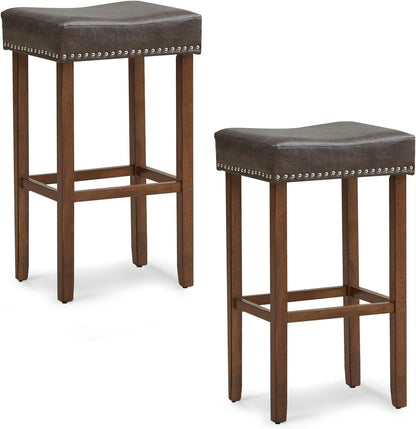 GiantexUK Bar Stools Set of 2, PU Leather Kitchen Saddle Stools with Rubber Wood Legs, Footrests & Non-Slip Foot Pad, 44x33x74cm