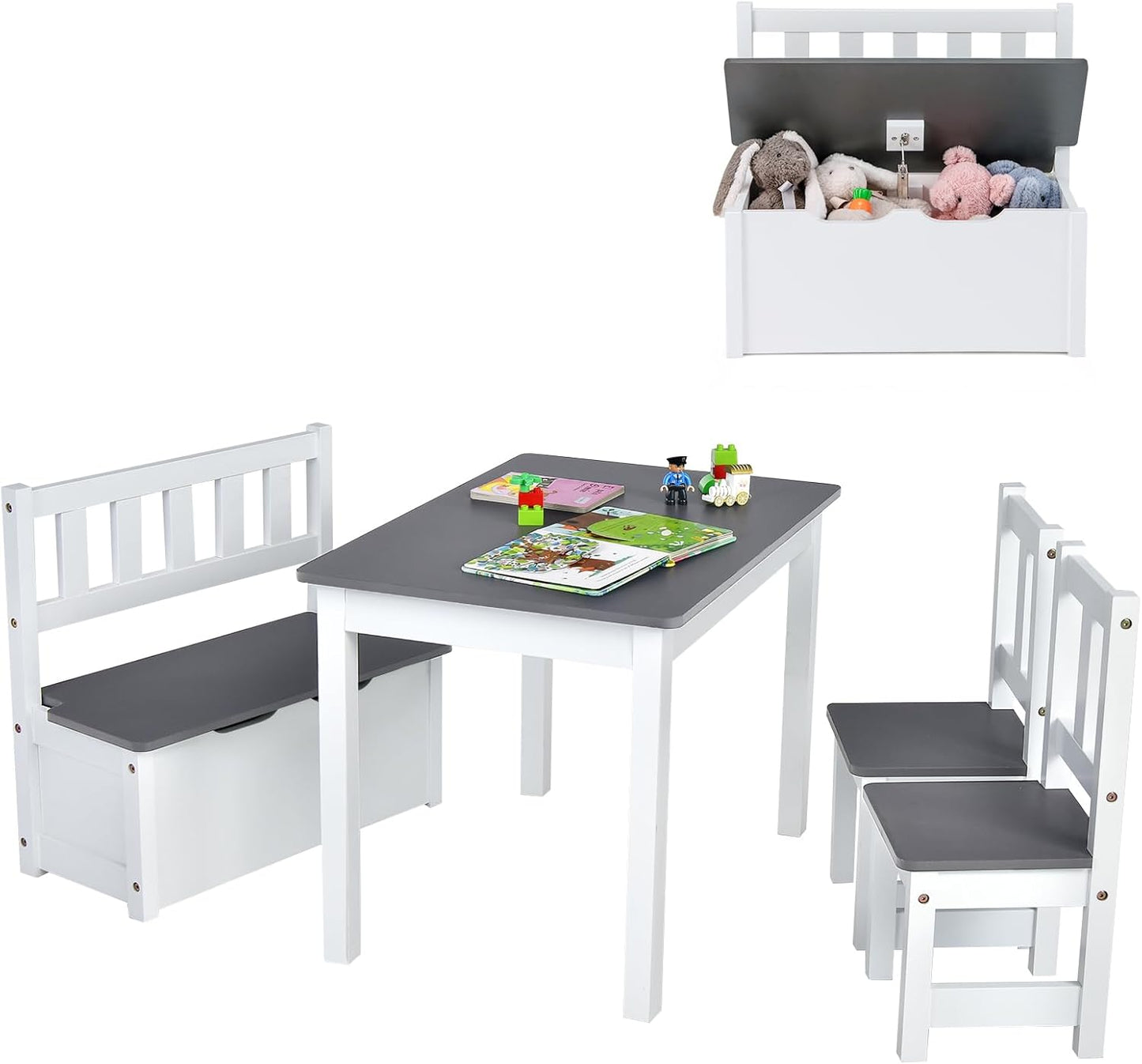 Kids Table & Chair Set, 4-Piece Children Furniture with Toy Storage Bench