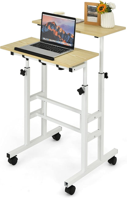 Height Adjustable Standing Desk, Mobile Laptop Table Computer Desk with Flip-over Desktop and Wheels