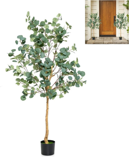 GiantexUK Artificial Eucalyptus Tree, 140cm/165cm Faux Eucalyptus Plant with Silver Dollar Leaves and Cement Pot