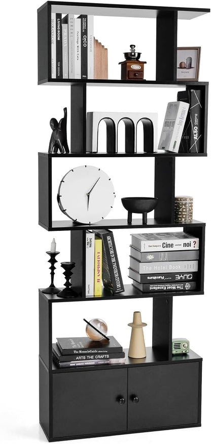 Wooden Bookcase, 5/6-Tier S-Shaped Storage Bookshelf with Cabinet, Freestanding Tall Display Shelf