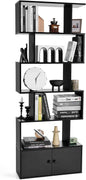 Wooden Bookcase, 5/6-Tier S-Shaped Storage Bookshelf with Cabinet, Freestanding Tall Display Shelf