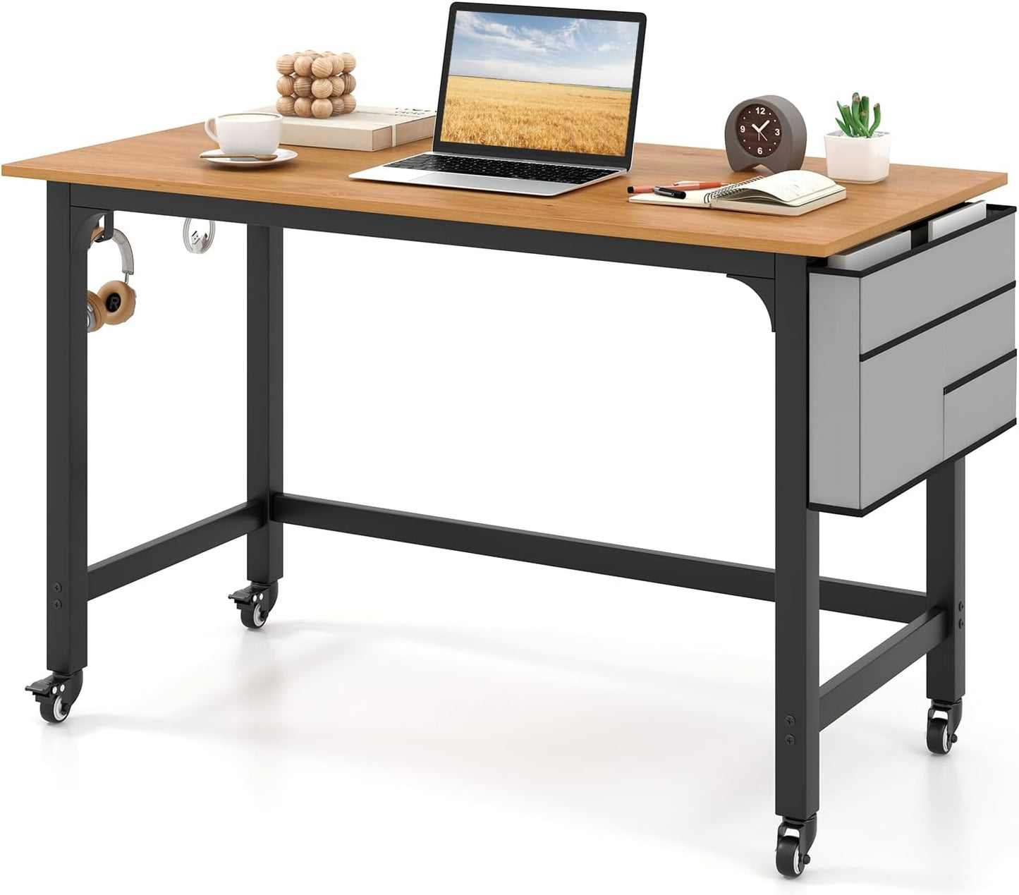 Rolling Computer Desk, 120cm Metal Frame Writing Desk with Wheels, Foldable Storage Bag & Earphone Hooks