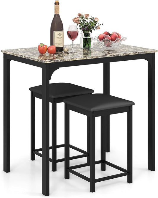 GiantexUK 3 Pieces Dining Table Set, Kitchen Counter Table Bar Table and Stools Set with PU Leather Pad