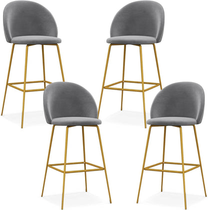 GiantexUK Bar Stools Set of 2/4, 74cm Seat Velvet Upholstered Kitchen Barstools with Curved Backrest & Footrest