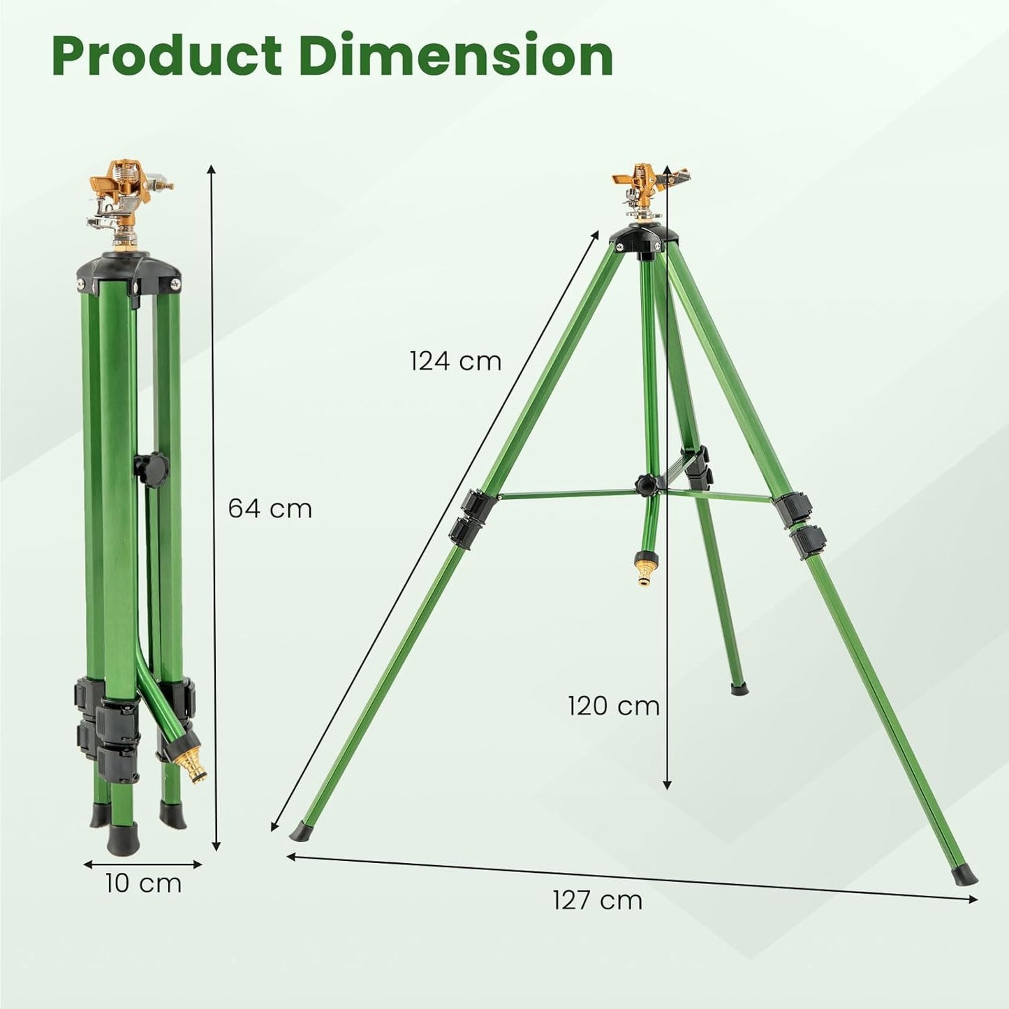 Rotating Tripod Sprinkler, 360°Automatic Rotation Irrigation Water Sprinklers with 11-13.6m Coverage Area & Brass Head