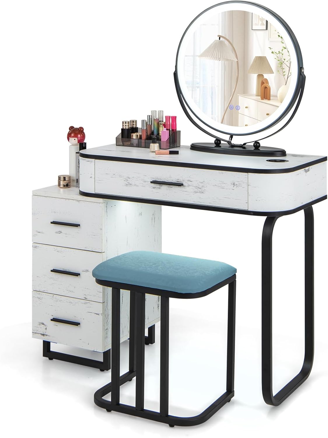 Dressing Table and Stool Set with 3-Color LED Lights Swivel Mirror, Charging Station