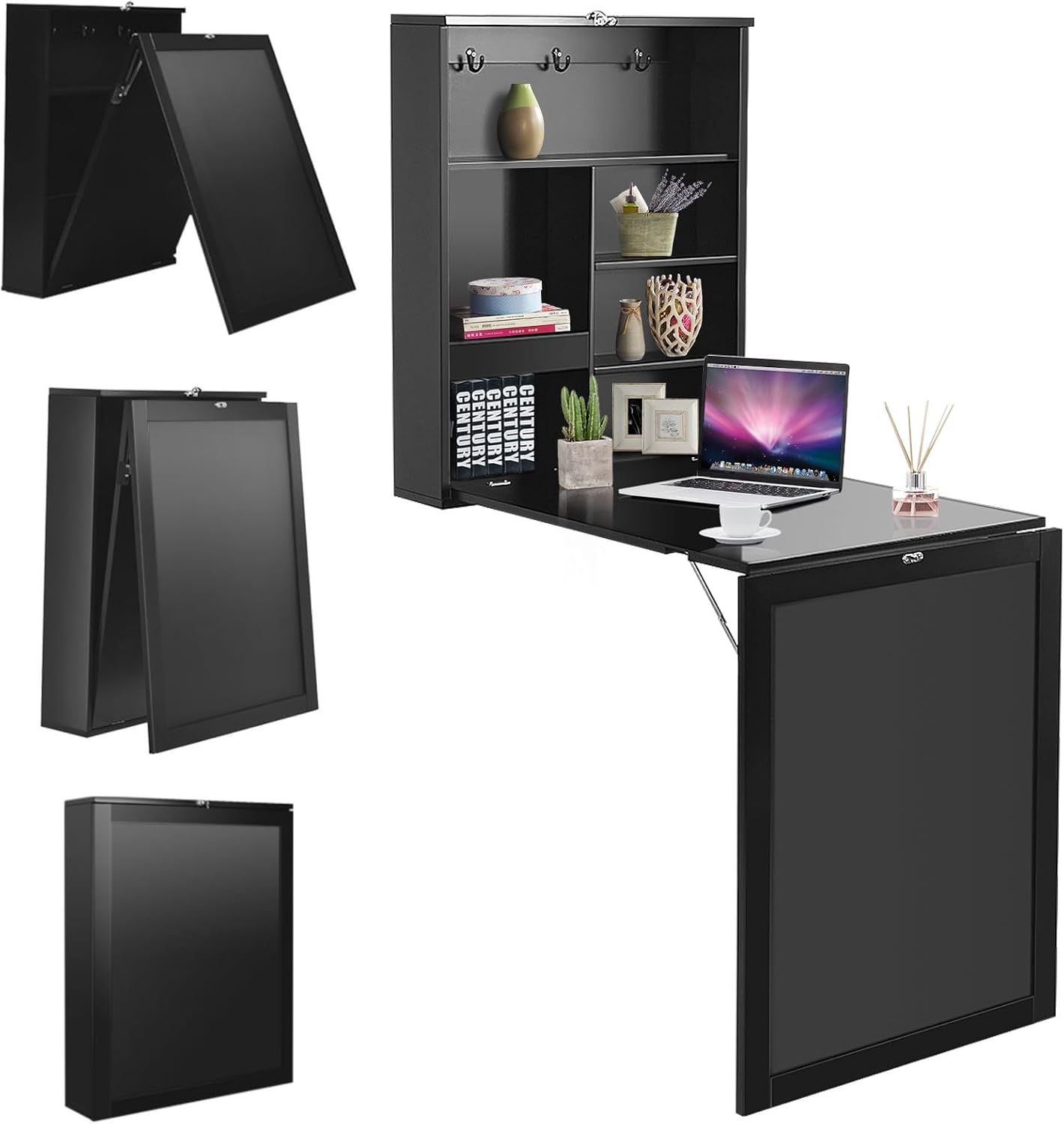 Wall Mounted Computer Desk, Folding Convertible Wall Table with Blackboard & Storage Shelves