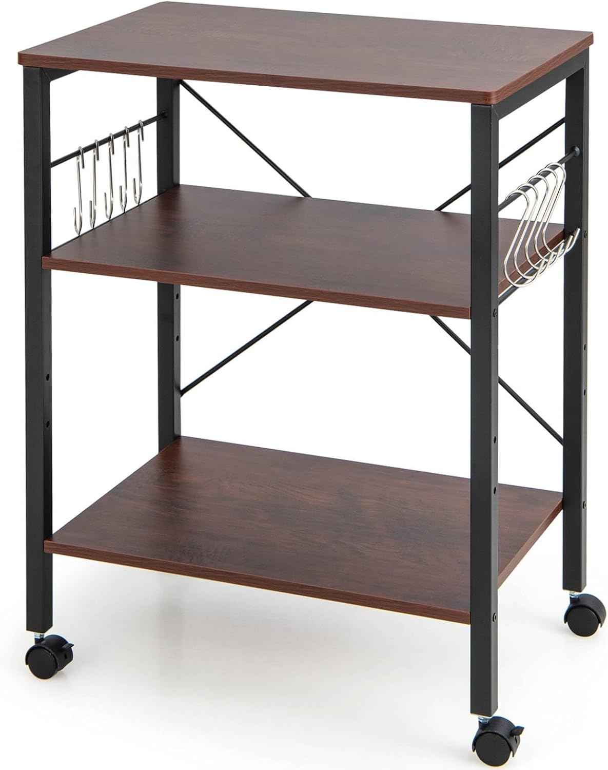 GiantexUK Kitchen Baker's Rack, 3 Tier Serving Cart Microwave Stand with Lockable Wheels & 10 Hooks(2 Adjustable Shelves)