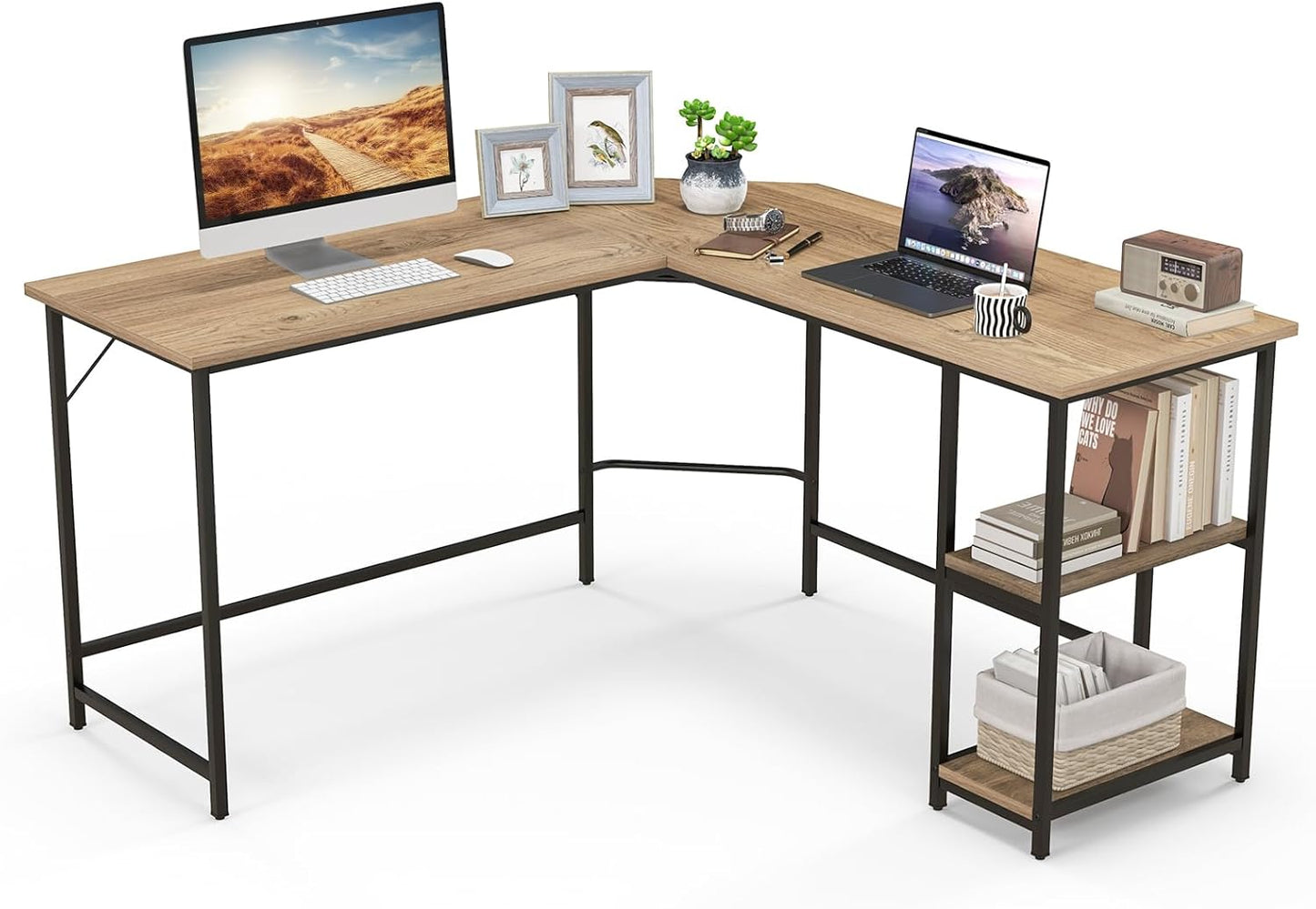 L-shaped Computer Desk, Steel Frame Office Desk Corner Writing Desk with Storage Shelves