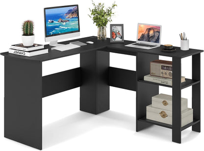 L-Shaped Computer Desk, Modern Large Corner Desk Writing Study Table with Storage Shelves and Cable Holes