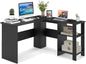 L-Shaped Computer Desk, Modern Large Corner Desk Writing Study Table with Storage Shelves and Cable Holes