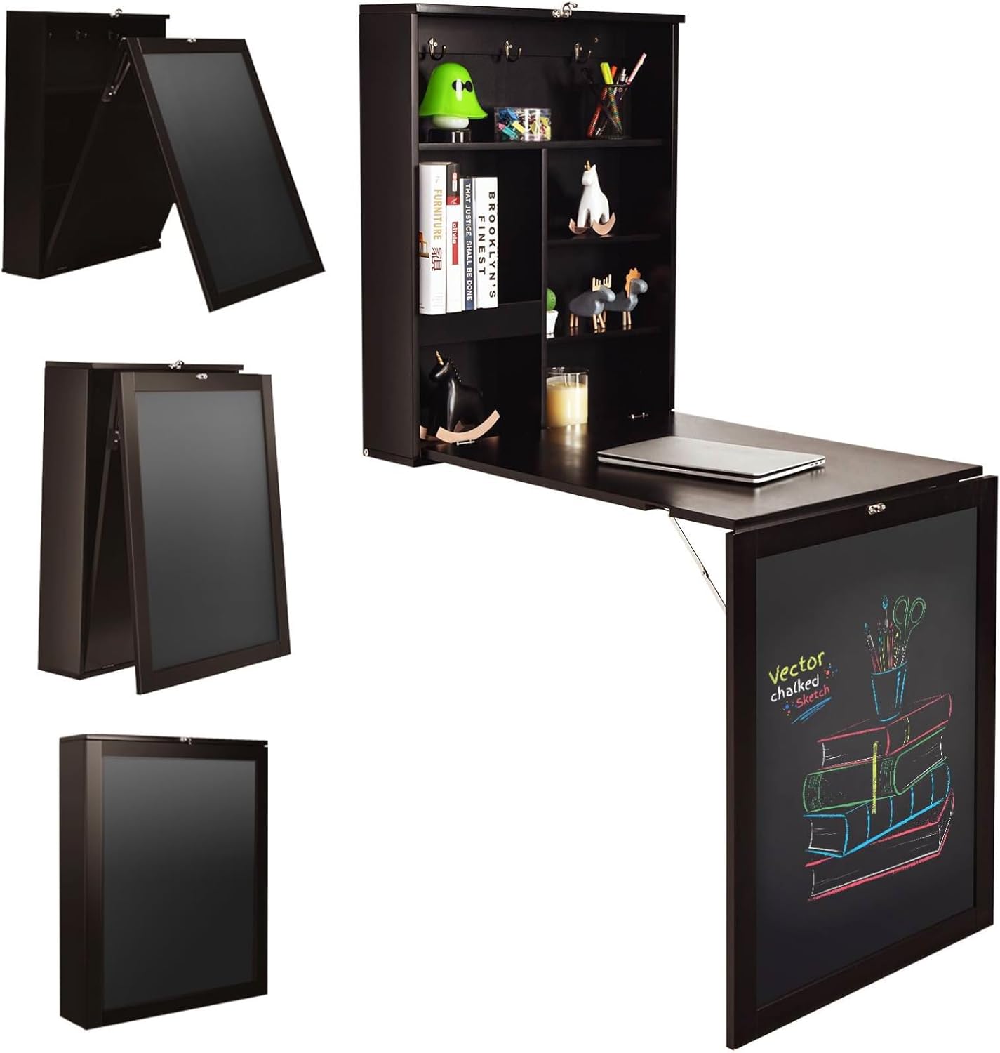 Wall Mounted Computer Desk, Folding Convertible Wall Table with Blackboard & Storage Shelves