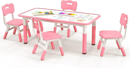 Kids Table and 4 Chairs Set, Height Adjustable Toddler Art Tables with Graffiti Desktop