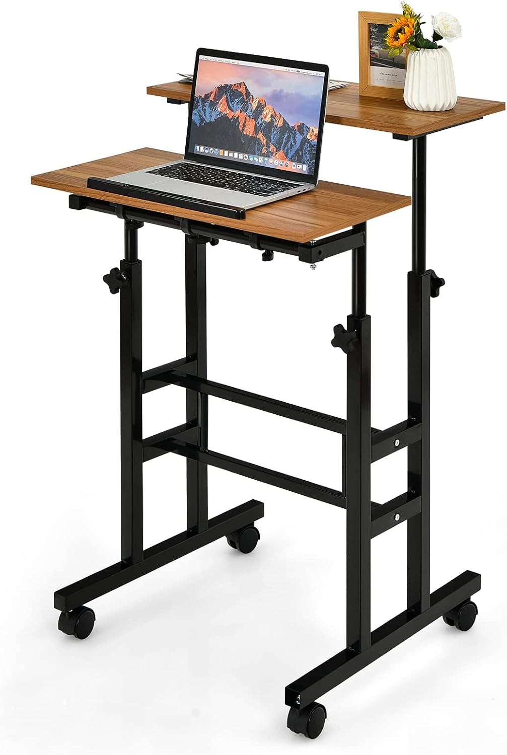 Height Adjustable Standing Desk, Mobile Laptop Table Computer Desk with Flip-over Desktop and Wheels