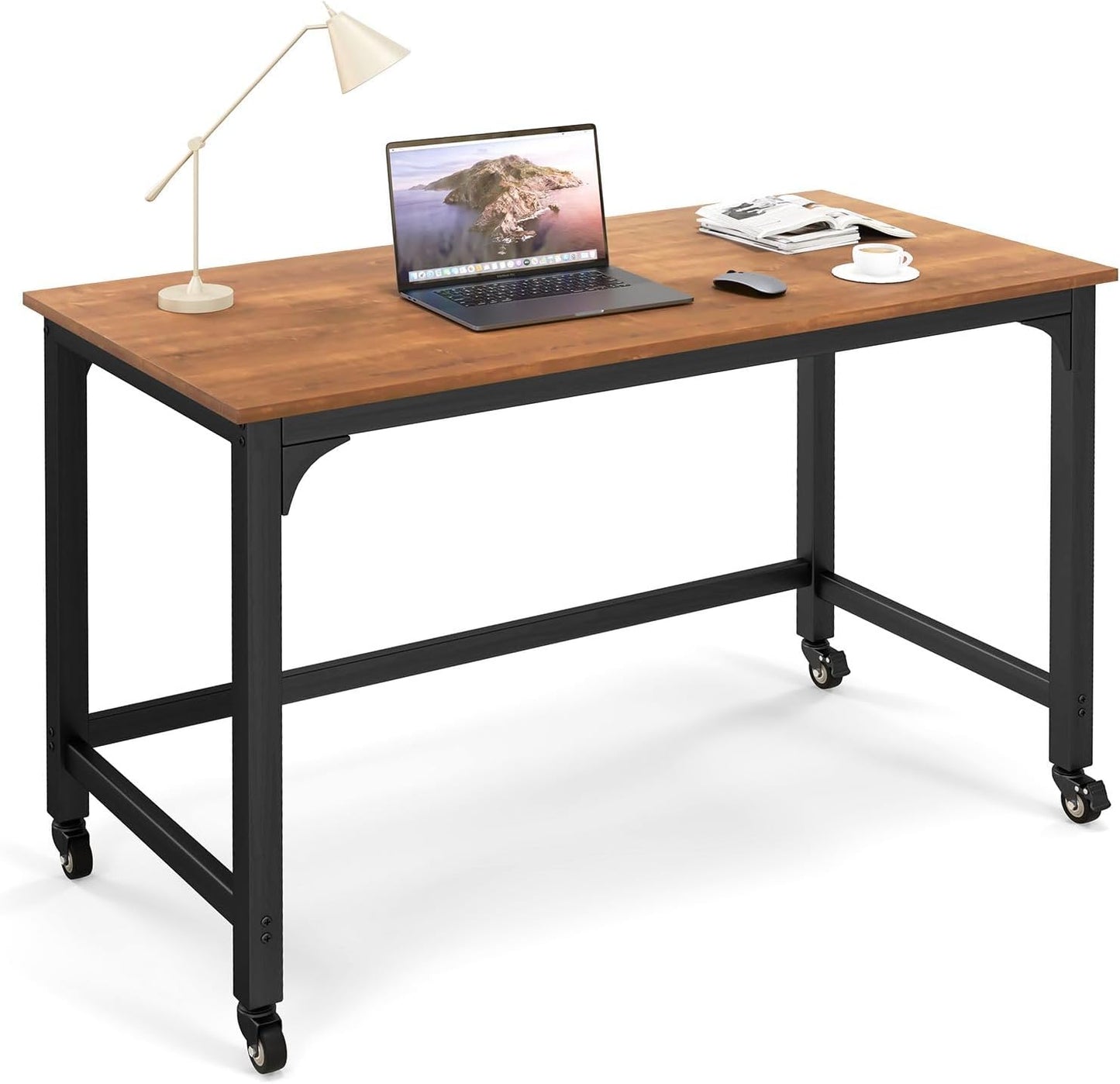 Rolling Computer Desk, 120cm Metal Frame Writing Desk with Wheels