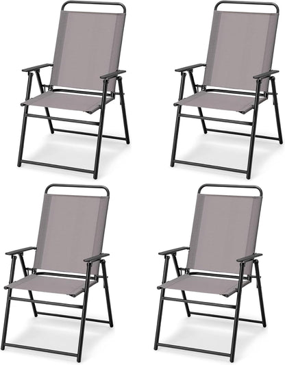 GiantexUK Folding Garden Chairs Set of 2/4, Metal Frame Dining Chairs with High Backrest, Armrests & Anti-slip Foot Pads