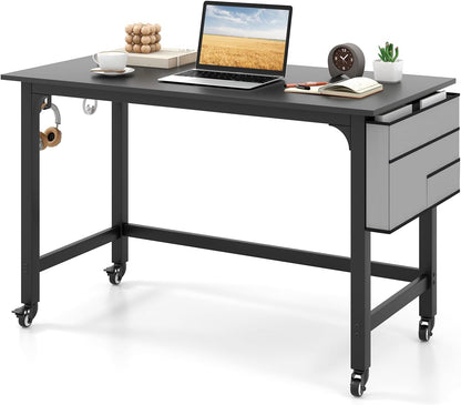 Rolling Computer Desk, 120cm Metal Frame Writing Desk with Wheels, Foldable Storage Bag & Earphone Hooks