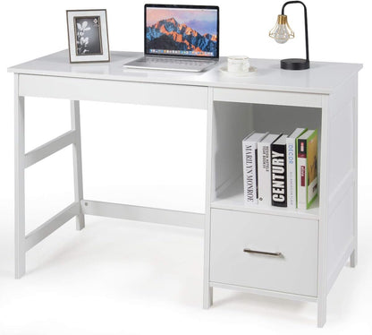 Computer Desk, Wooden PC Laptop Table Writing Workstation with Drawers and Shelf, Home Office Bedroom Work Study Desk