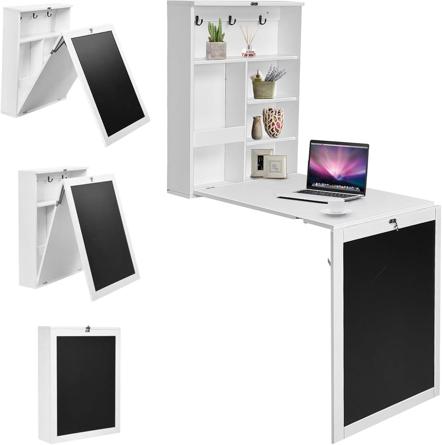 Wall Mounted Computer Desk, Folding Convertible Wall Table with Blackboard & Storage Shelves