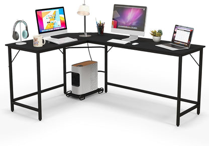 L-Shaped Computer Desk, 168cm Metal Frame Corner Writing Workstation with Charging Station