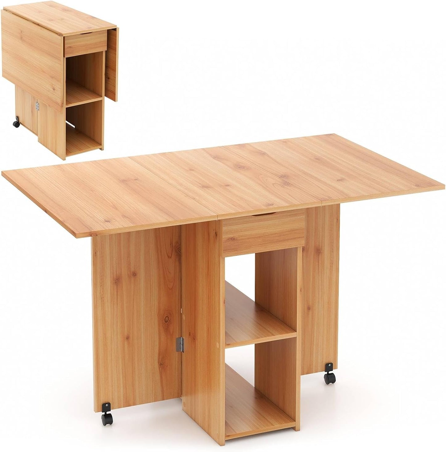 Mobile Folding Dining Table, Drop Leaf Table with 2 Wheels, 2-Layer Storage Rack & Drawer