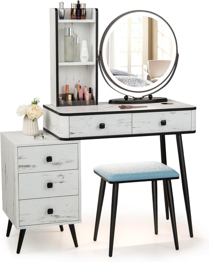 Dressing Table and Stool Set with 3-Color LED Lights Mirror, Drawers, Shelves & Charging Station, Round Mirror