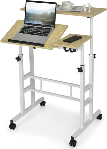 Height Adjustable Standing Desk, Mobile Laptop Table Computer Desk with Flip-over Desktop and Wheels