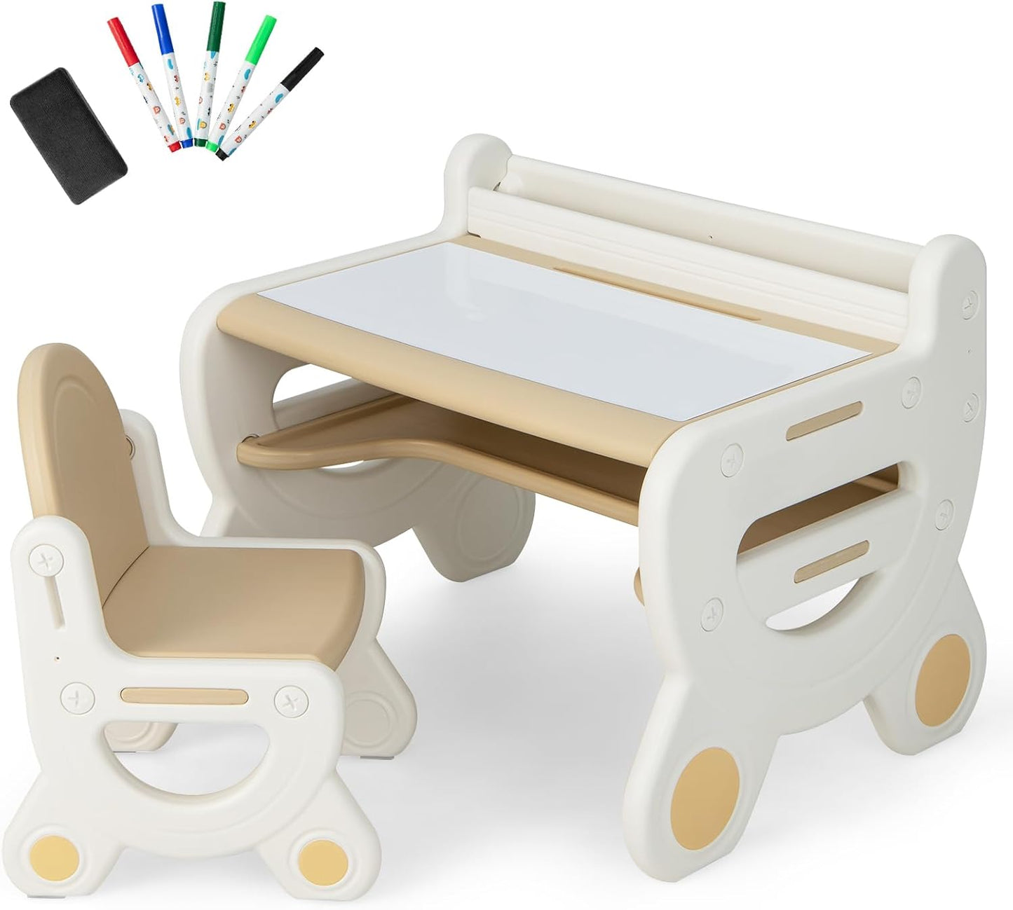 Kids Art Table and Chair Set, Plastic Toddler Craft Drawing Desk with Storage Shelf, Watercolor Pens & Blackboard Erase