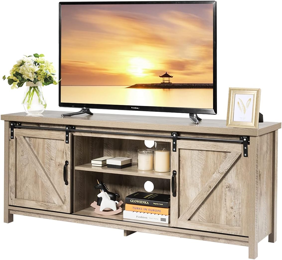 Farmhouse TV Stand for TVs up to 60 Inches, Wooden TV Cabinet Media Entertainment Center with Sliding Barn Door and Storage Shelves