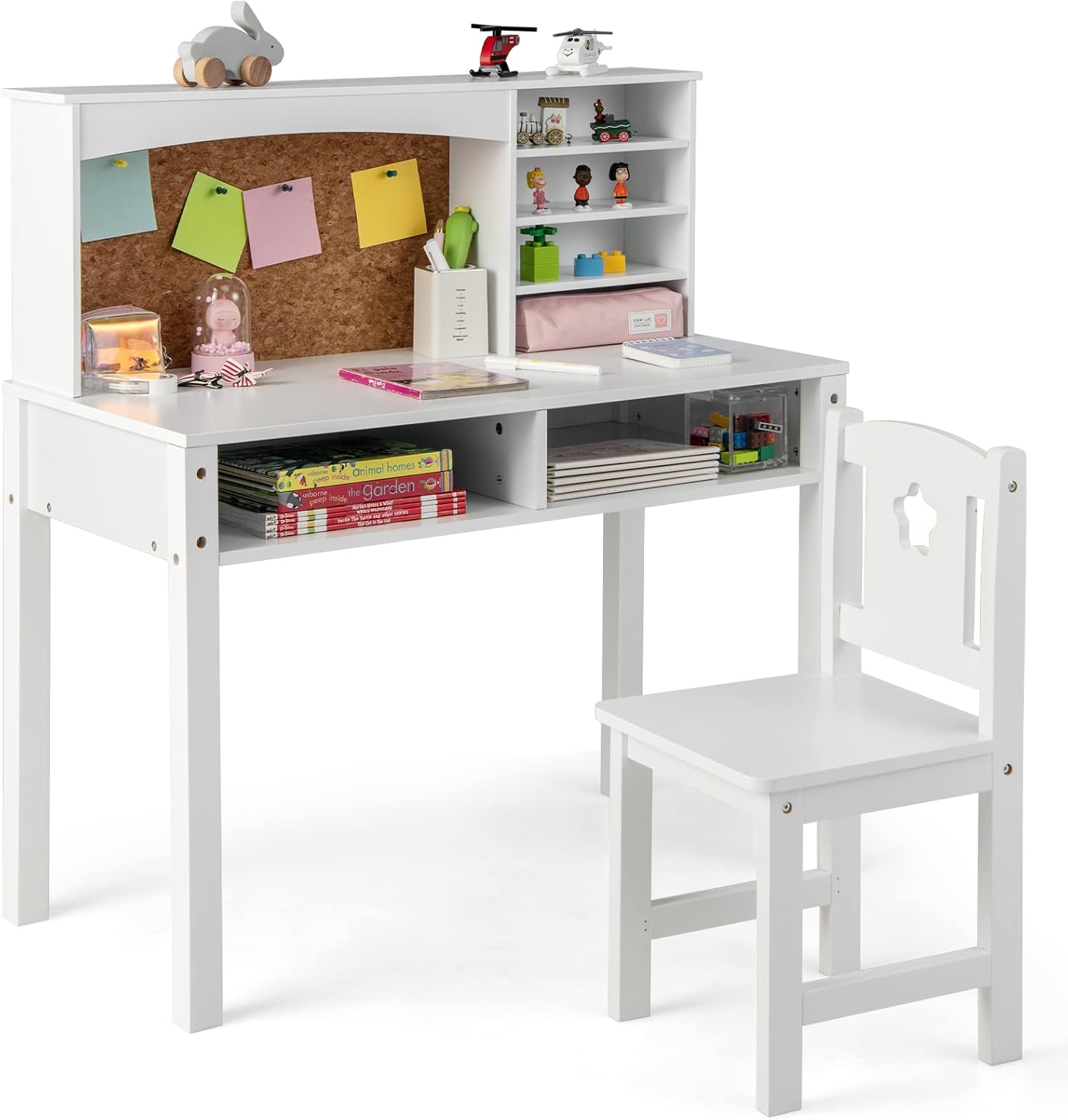 Kids Desk and Chair Set, Wooden Children Study Table with Hutch, Cork Board, Storage Shelves